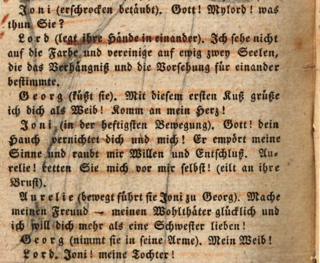 Das „Happy End“ im Stück „Die M*. Ein Schauspiel in vier Aufzügen“ (1802) von Wilhelm Ziegler, Österreichische Nationalbibliothek, Wien