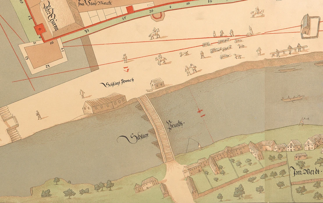 Schlachtbrücke und überdachte Schlachtbänke am Fluss, Ausschnitt aus: Bonifaz Wolmut, Albert von Camesina, Plan von Wien 1547, Reproduktion, 1857–1858, Wien Museum, Inv. Nr. 30641/1
