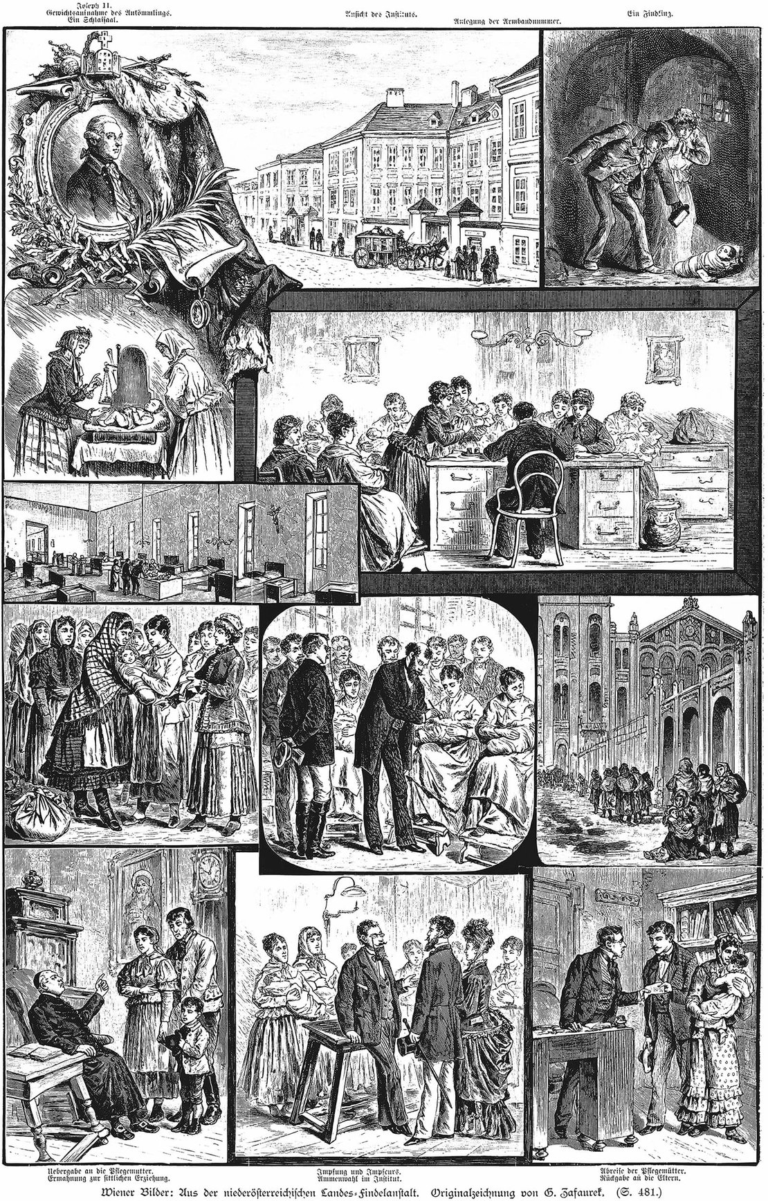 Gustav Zafaurek, Wiener Bilder: Aus der Niederösterreichischen Landes-Findelanstalt, Illustrirte Zeitung, 15. Mai 1886, Bezirksmuseum Josefstadt 