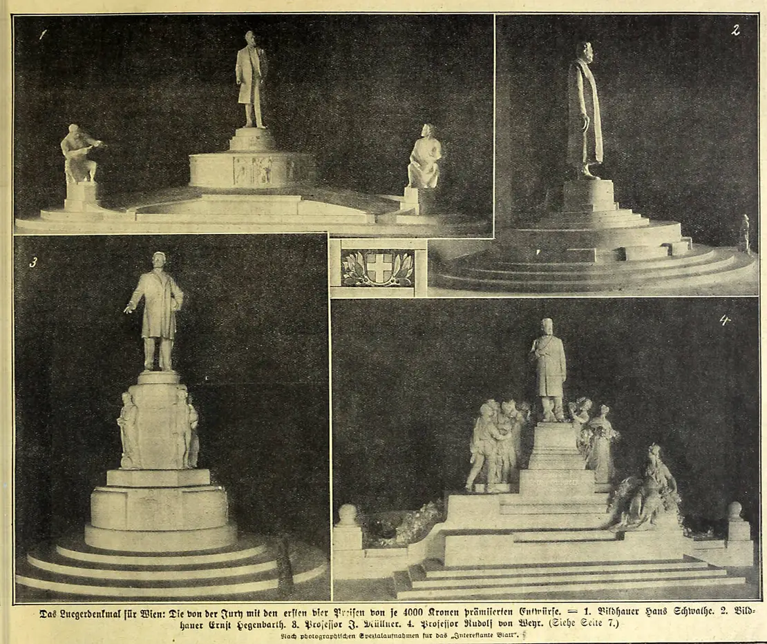 Die preisgekrönten Entwürfe aus dem Wettbewerb für das Lueger-Denkmal, „Das interessante Blatt, 1912, Quelle: ANNO/ÖNB