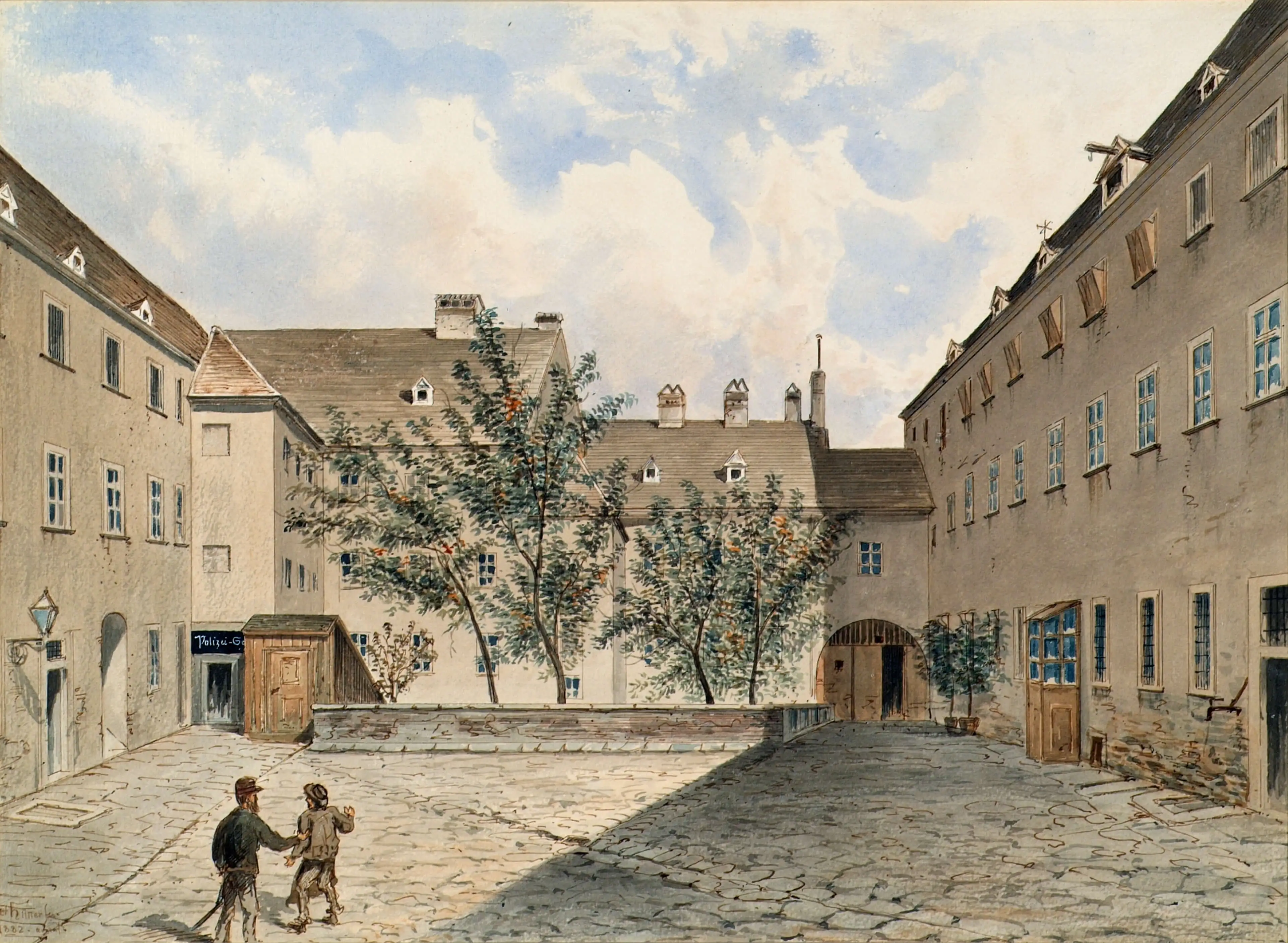 Hier war Kertbeny inhaftiert: Das ehemalige Carmeliter-Nonnenkloster und spätere Polizei-Gefangenenhaus in der Sterngasse in Wien, Federzeichnung/Aquarell von Emil Hütter, 1882, Sammlung Belvedere, 4668/12  
