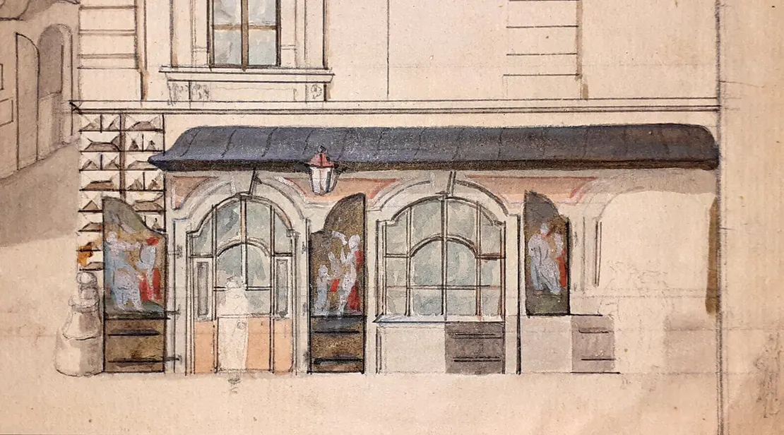 J. Berger, Kohlmarkt Ecke Wallnerstraße, 1896 (Kopie nach einer älteren Ansicht), aquarellierte Zeichnung (Ausschnitt), Wien Museum. Bemalte Tür- und Fensterflügel eines Geschäftslokales (wohl des Vorgängers des 1841 eröffneten Marcherschen Spitzenhandlung „Zum Pagen“ oder von dieser selbst).