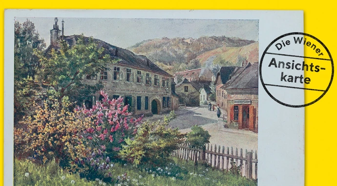 Sieveringer Straße - mit Gasthaus „zur Agnes", Ansichtskarte nach einem Aquarell von Hans Götzinger, Brüder Kohn, um 1910, Wien Museum