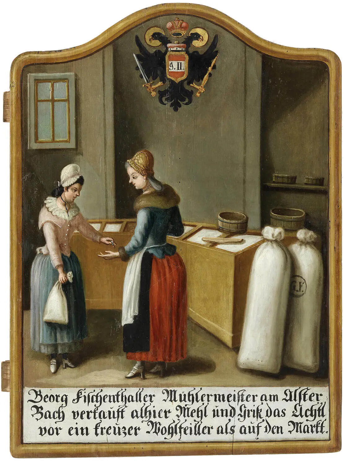 Geschäftsschild des Müllermeisters Georg Fischenthaller „am Alster Bach“ (Alserbach), um 1780, 78 x 59,5 cm, Wien Museum, 1890 angekauft. „Georg Fischenthaller Mühlermeister am Alster / Bach verkauft alhier Mehl und Griß das Achtl / vor ein kreuzer Wohlfeiller als auf den Markt.“