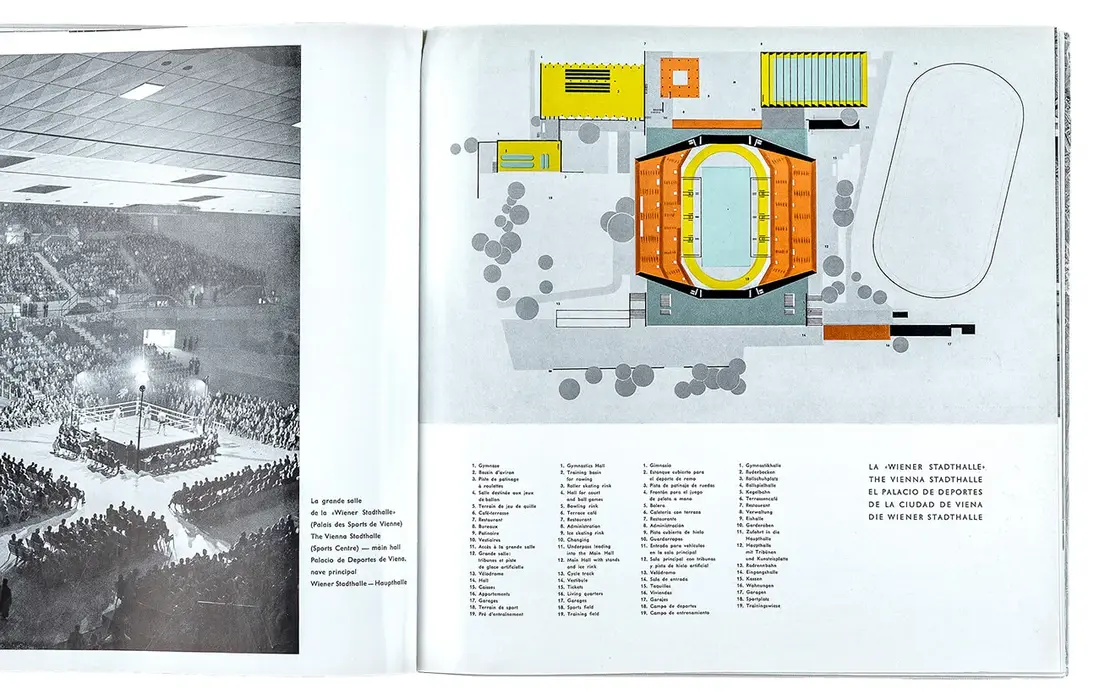 Lageplan Wiener Stadthalle mit Nebengebäuden, aus: „Wien meldet seine Kandidatur für die Olympischen Spiele 1964“, 1958, Foto: Stephan Doleschal