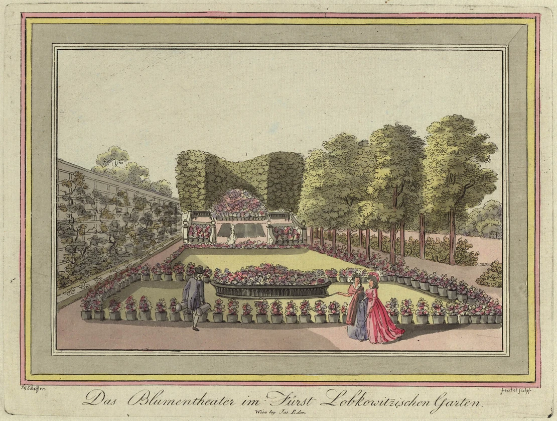 Joseph Schaffer: Das Blumentheater im Fürst Lobkowitzischen Garten, kolorierter Kupferstich, um 1795, Wien Museum, Inv.-Nr. 107021/2  