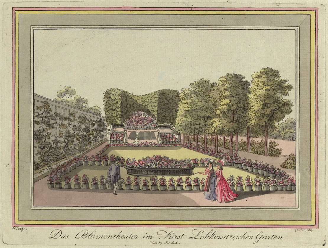 Joseph Schaffer: Das Blumentheater im Fürst Lobkowitzischen Garten, kolorierter Kupferstich, um 1795, Wien Museum, Inv.-Nr. 107021/2 