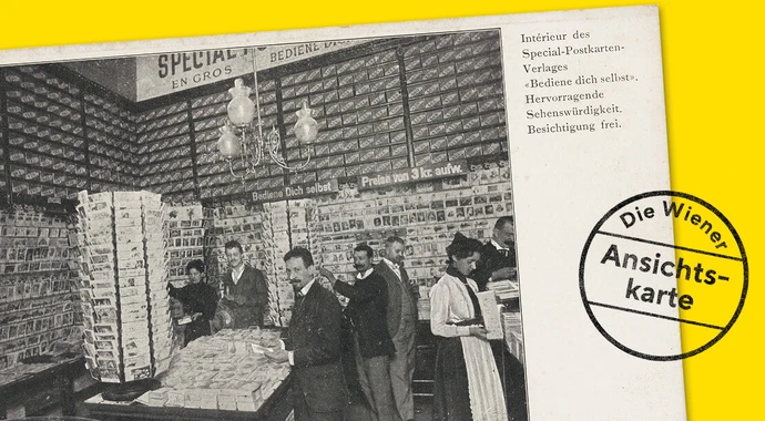 Innenansicht der Postkartenhandlung „Bediene dich selbst“, ab 1900, Verlag Brüder Kohn, Wien, Sammlung H. Seemann