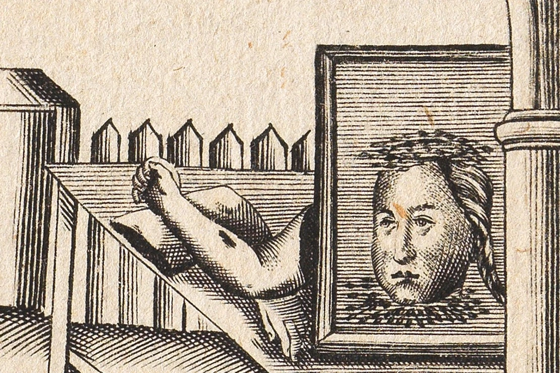 Der beim Gerichtsgebäude in einem Glaskasten öffentlich ausgestellte Kopf des Mordopfers (Ausschnitt aus dem Flugblatt), Wien Museum  