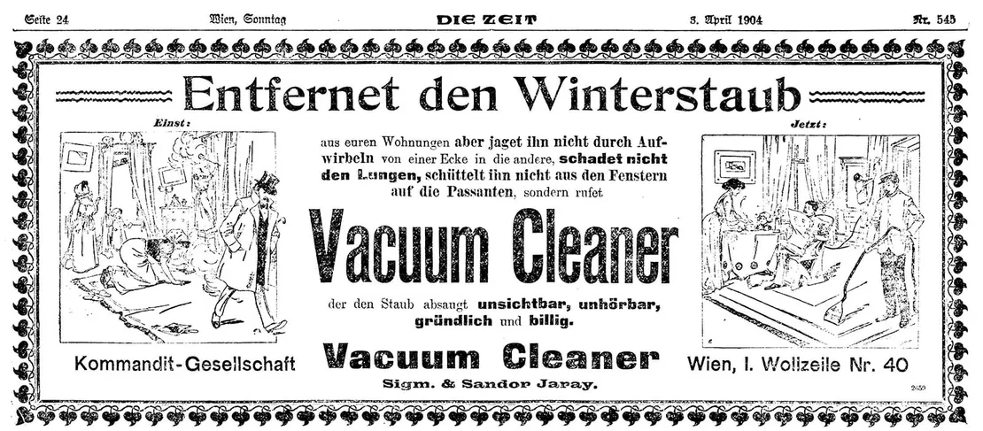 Annonce für Vacuum Cleaner der Firma Járay, in: Die Zeit, 3.4.1904, S. 24, Anno/ÖNB