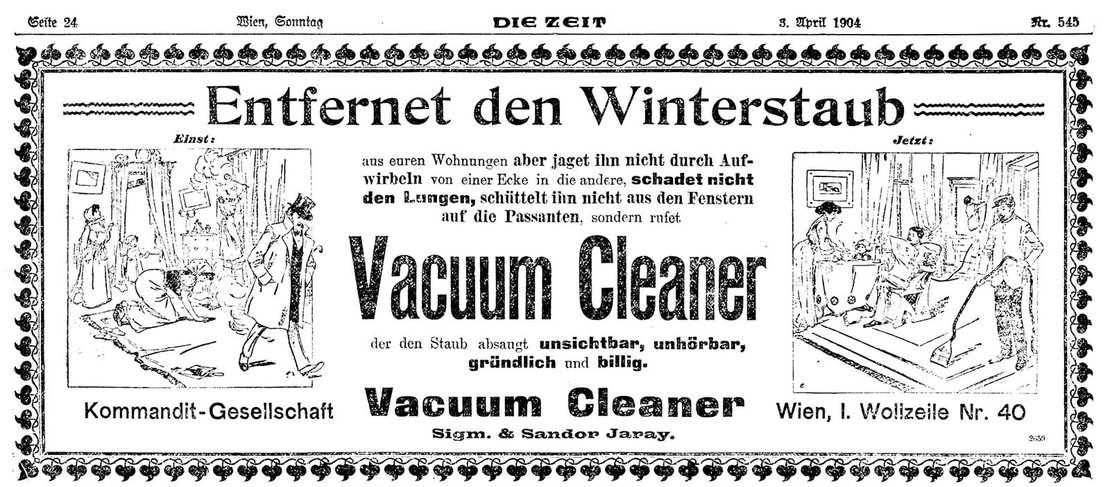 Annonce für Vacuum Cleaner der Firma Járay, in: Die Zeit, 3.4.1904, S. 24, Anno/ÖNB  