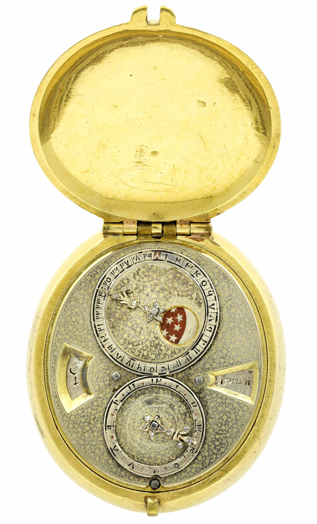 Taschenuhr mit einer Kombination von Zeigern auf Ziffernringen und Sichtfenstern mit Indikationen, 1590-1610, Wien Museum, U 1469  