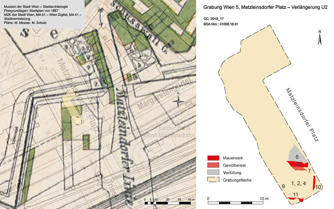 Die untersuchte Fläche in Überlagerung mit dem Stadtplan 1887 und der aktuellen Stadtkarte. Pläne: M. Mosser/M. Schulz  