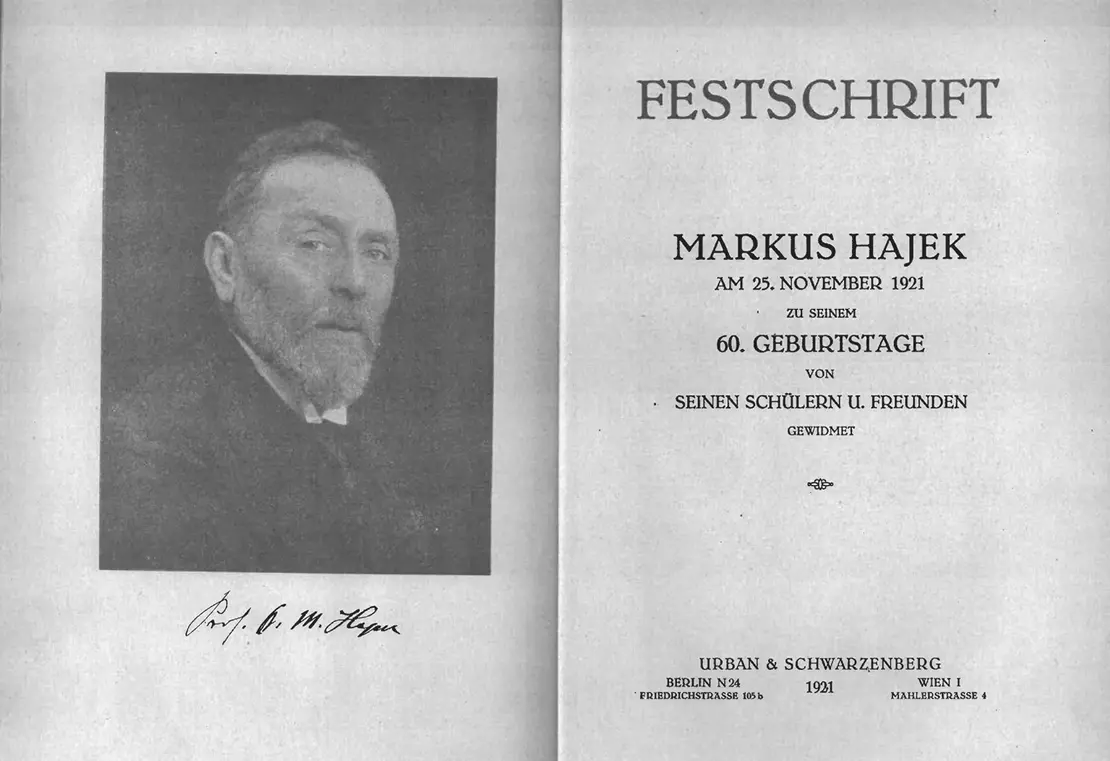 Festschrift für Markus Hajek, 1921, Josephinum Wien