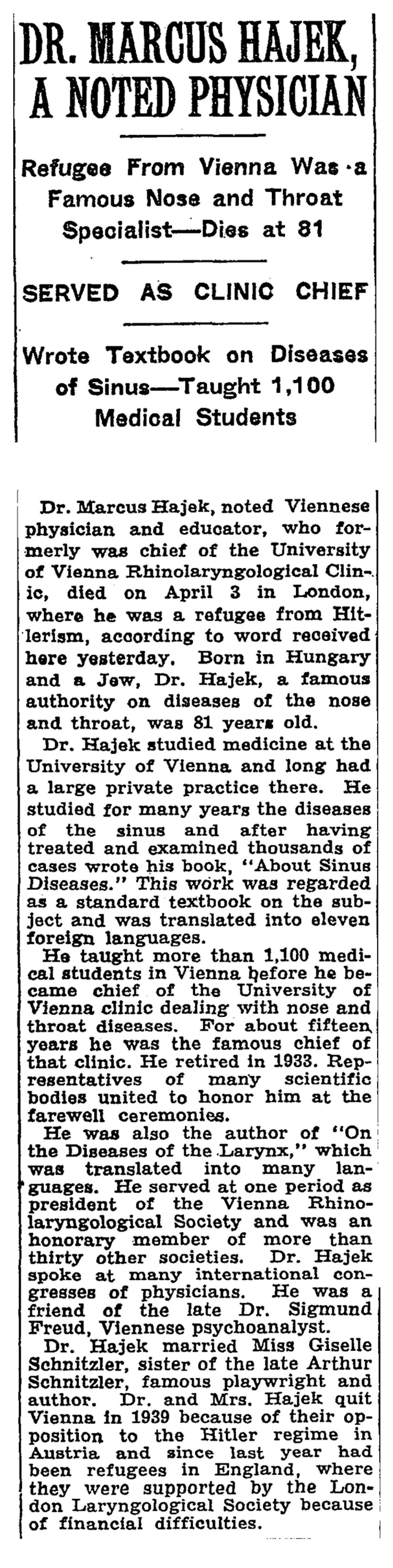 Nachruf auf Markus Hajek in der New York Times am 23. April 1941 