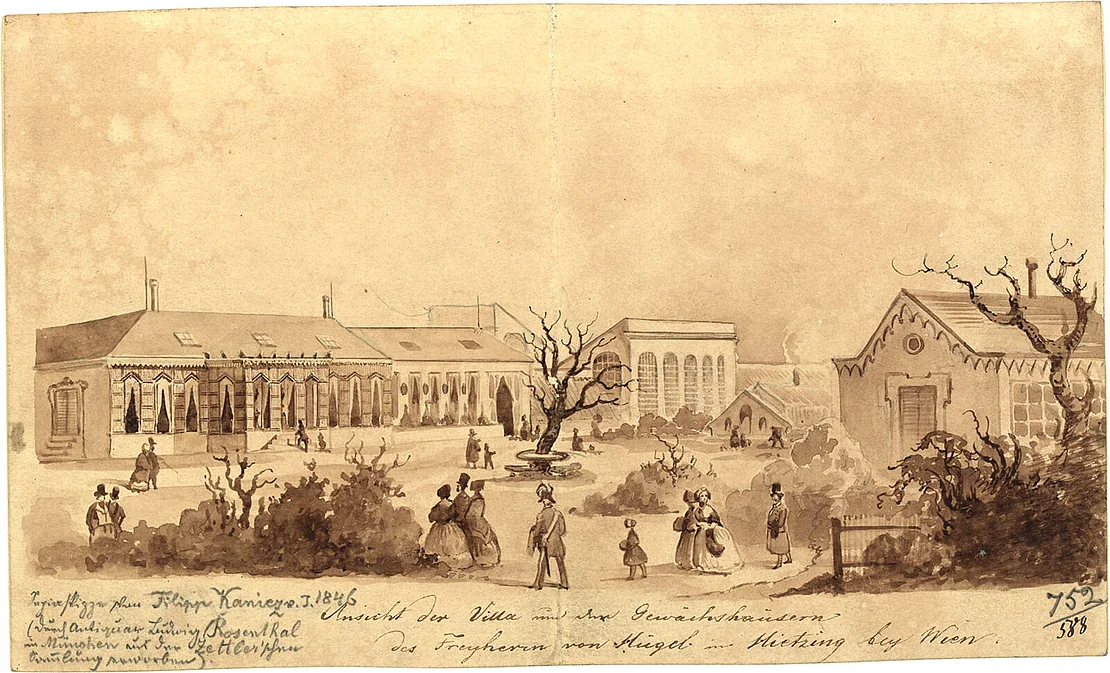 „Ansicht der Villa und den Gewächshäusern des Freyherrn von Hügel in Hietzing bey Wien“, Aquarell von Philipp Felix Kanitz, 1846, Wien Museum, Inv.-Nr. 47051/22  