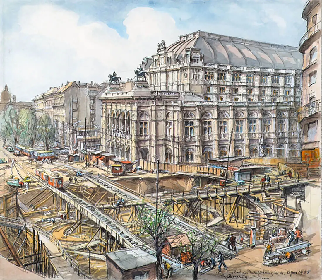 Herta Czoernig-Gobanz: Umbau der Opernkreuzung, Aquarell, 1955, Wien Museum