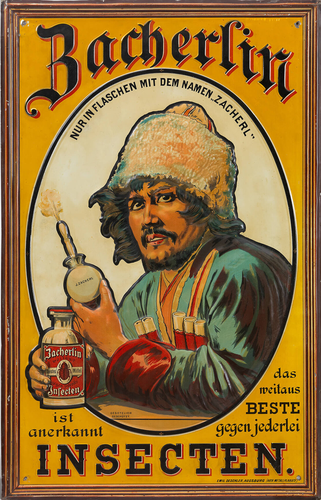  Werbeschild für das Insektenvertilgungsmittel Zacherlin, 1900–1920, lackiertes Blech, Wien Museum  