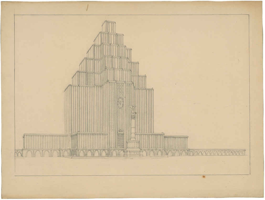 Entwurf in Form einer Zikkurrat von Otto Kohtz 1921 für ein Reichshaus am Königsplatz Berlin, Architekturmuseum TU Berlin 