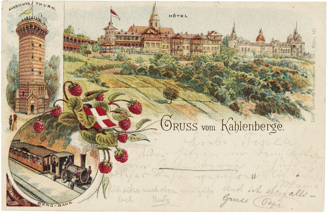 Kahlenberg mit Stefaniewarte und Zahnradbahn, 1894, Haufler & Schmutterer, Leihgabe Helfried Seeman  