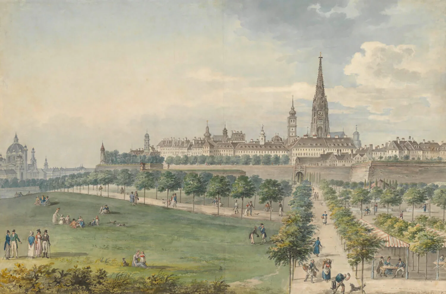 Tobias Dyonis Raulino: Blick auf die Stadt Wien vom Wasserglacis aus, Aquarell, um 1819, Wien Museum  