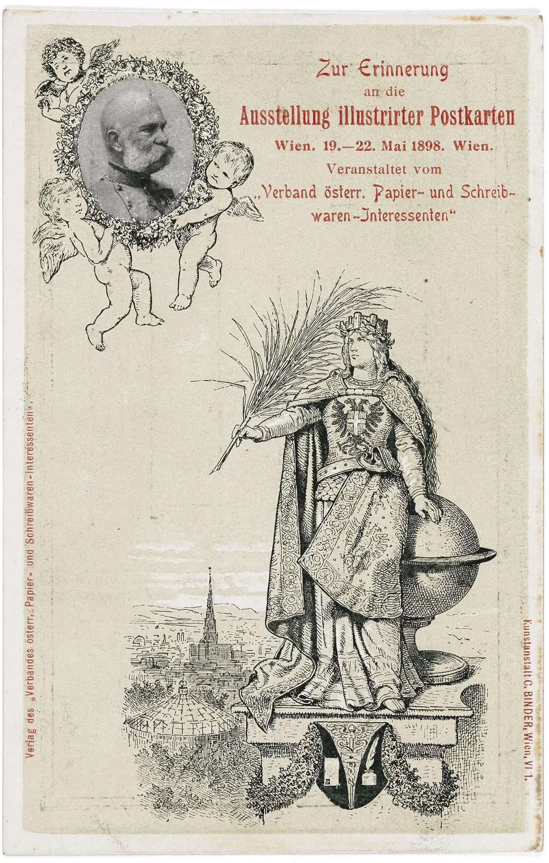 Ansichtskarte zur „Erinnerung an die Ausstellung illustrirter Postkarten“, 1898, Druck: Kunstanstalt C. Binder, Wien, Sammlung Lukan  
