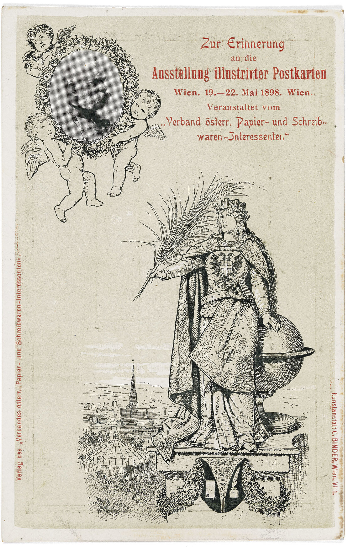 Ansichtskarte zur „Erinnerung an die Ausstellung illustrirter Postkarten“, 1898, Druck: Kunstanstalt C. Binder, Wien, Sammlung Lukan 