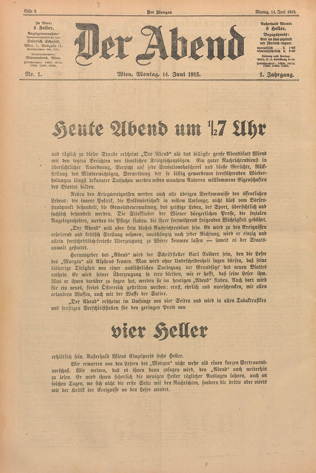 Erstausgabe „Der Abend“, 14. Juni 1915, Quelle: Anno/ÖNB  