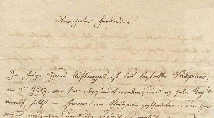 „Verehrte Freundin!“, so wendet sich Franz Xaver Wolfgang Mozart in einem Brief vom 19.8.1841 an Caroline Unger, Wienbibliothek im Rathaus  