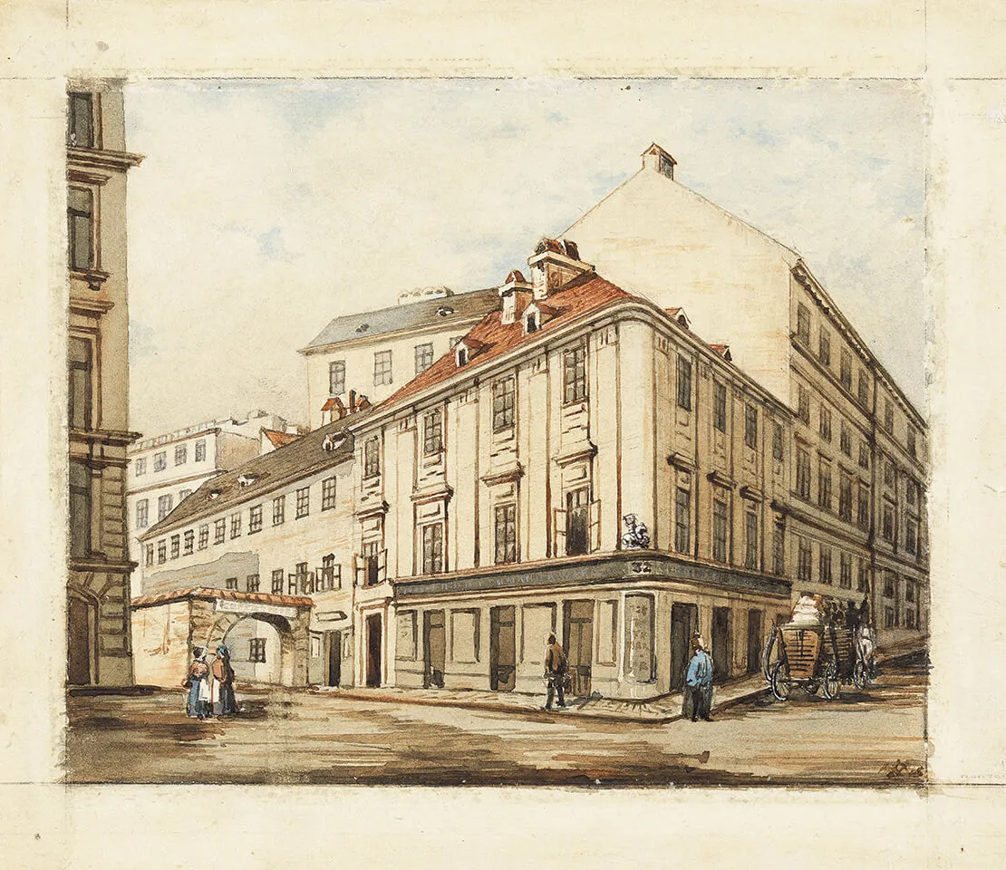 Das „Türkenhaus“, Schottenhofgasse 1 (seit 1910 Kellermanngasse genannt), Aquarell, um 1903-1909, Wien Museum.