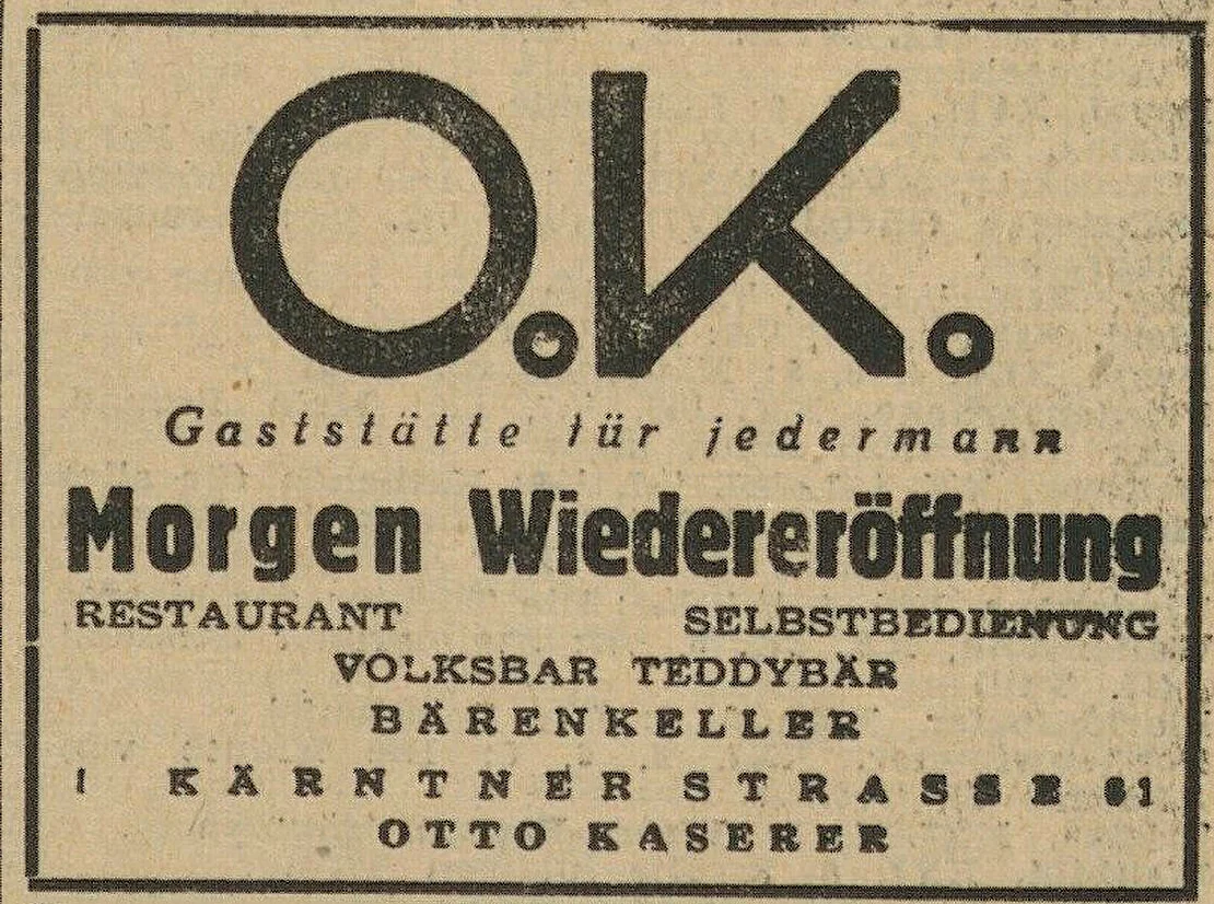 Inserat zur Eröffnung der Gaststätte „O.K.“ in Die Weltpresse, 26.. April 1950, ANNO/ÖNB