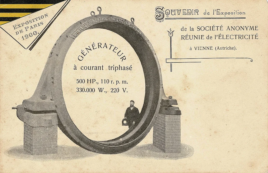 Ansichtskarte von der Pariser Weltausstellung 1900. Vereinigte Elektricitäts Actien-Gesellschaft, Wien (Österreich) - Société Anonyme Réunie de l'Electricité, Vienne (Autriche). Zu sehen ist Firmeninhaber Bela Egger. Quelle: www.industrie.lu - Die Industriegeschichte Luxemburgs, und darüber hinaus  