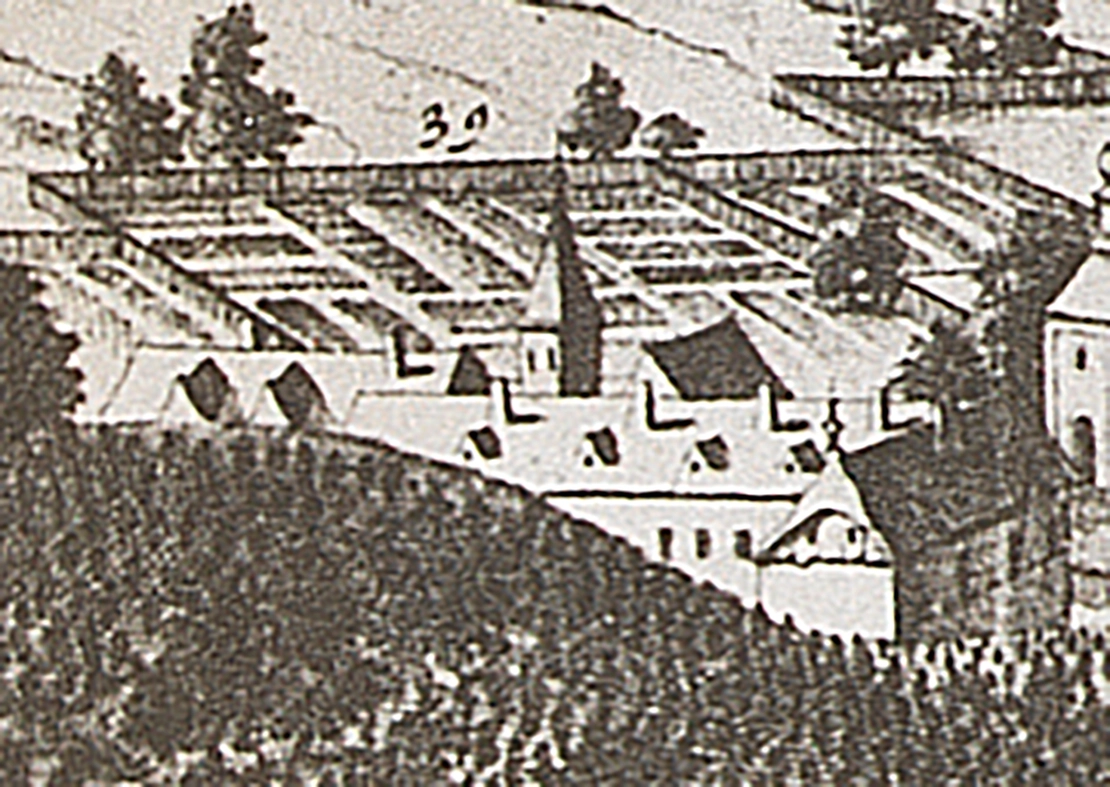 Im Pestlazarett im Bereich des heutigen Arne-Carlsson-Parks am Alsergrund wurden die Pestkranken untergebracht und versorgt. Ausschnitt aus dem Vogelschau-Plan von Folbert van Alten-Allen, um 1679, Wien Museum  
