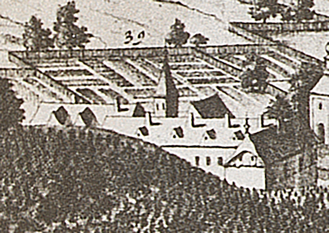 Im Pestlazarett im Bereich des heutigen Arne-Carlsson-Parks am Alsergrund wurden die Pestkranken untergebracht und versorgt. Ausschnitt aus dem Vogelschau-Plan von Folbert van Alten-Allen, um 1679, Wien Museum 