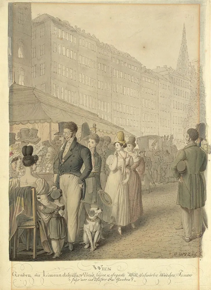 Eine Limonadenhütte auf dem Graben, dargestellt von Georg Emanuel Opitz, um 1825. Eine solche Hütte wurde von Magdalena Tarone betrieben, sie war die Witwe von Johann Jakob Tarone, dessen Kaffeehaus am Graben ab 1750 mutmaßlich den ersten offiziellen Schanigarten hatte. Aquarell, Wien Museum