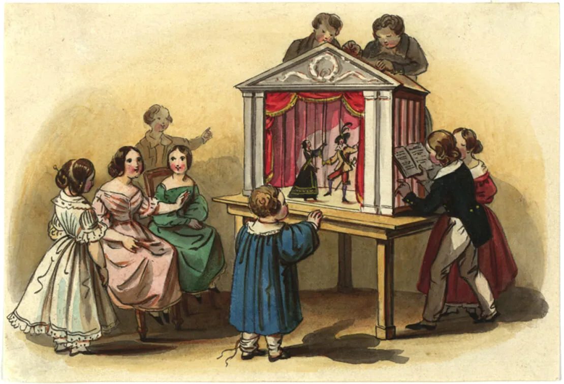 Kinder beim Spiel mit Papiertheater, Aquarell und Sepiafeder, um 1835, Wien Museum