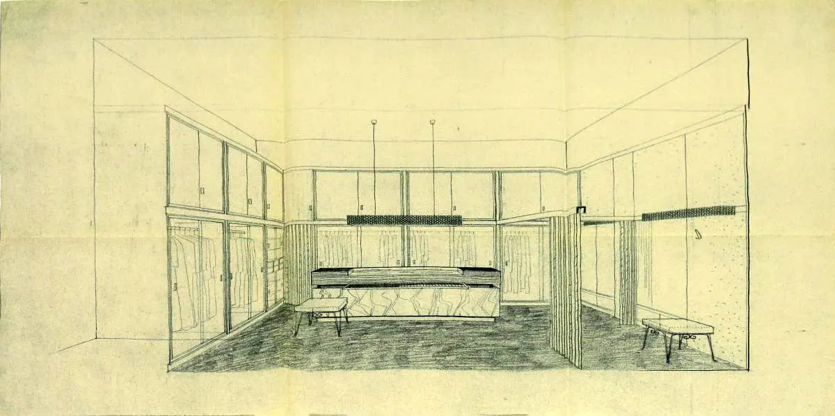 Rositta Salzburg, Schaubild, Einblick in den Verkaufsraum, um 1958, Wien Museum/Karl Schwanzer Archiv  