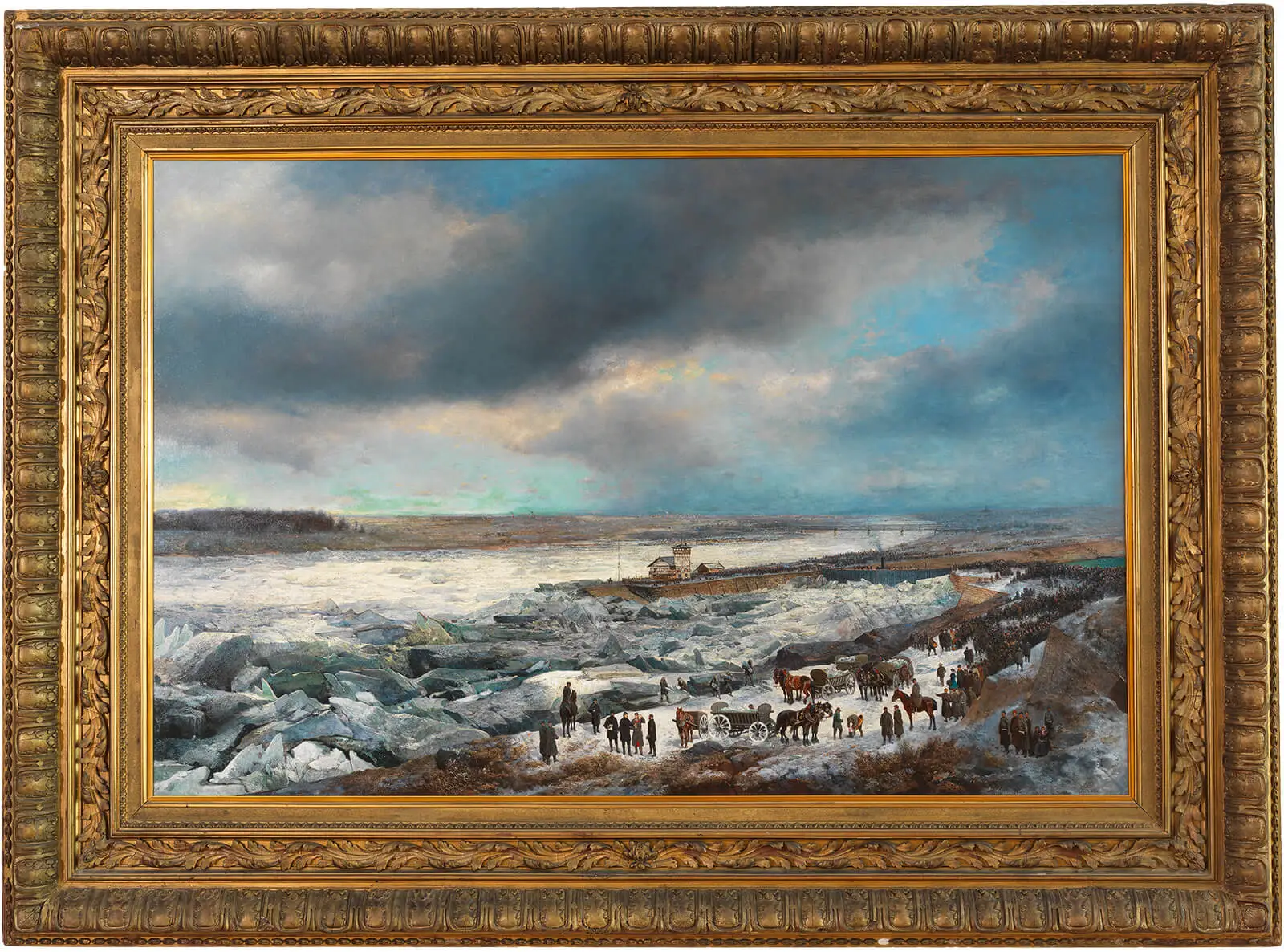 Adolf Obermüllner, Alexander Bensa: Der Donaueisstoß im Jänner 1880 mit dem Sperrschiff, Öl auf Leinwand, 1880, Sammlung Wien Museum  