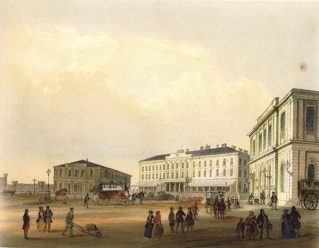 Der Gloggnitzer Bahnhof um 1850 auf einer kolorierten Kreidelithografie (Alexander Kaiser nach Nicolas-Marie Joseph Chapuy), Sammlung Wien Museum  