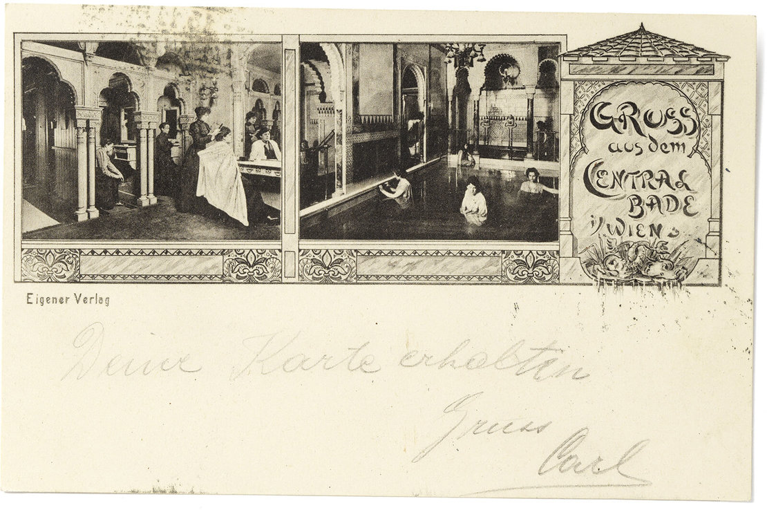 Postkarte des Centralbads mit Ansicht der Friseurabteilung, um 1908, Wien Museum 