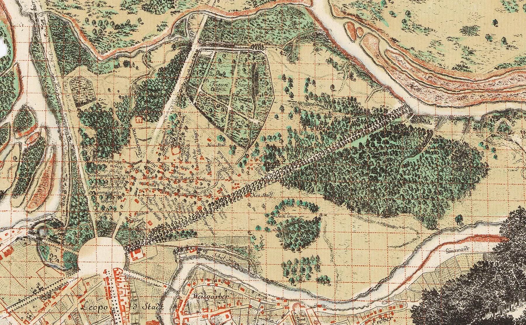 Joseph Daniel von Huber (zugeschrieben): Plan des Praters (Ausschnitt), 1782, kolorierter Kupferstich, Wien Museum, Inv.-Nr. 169784  