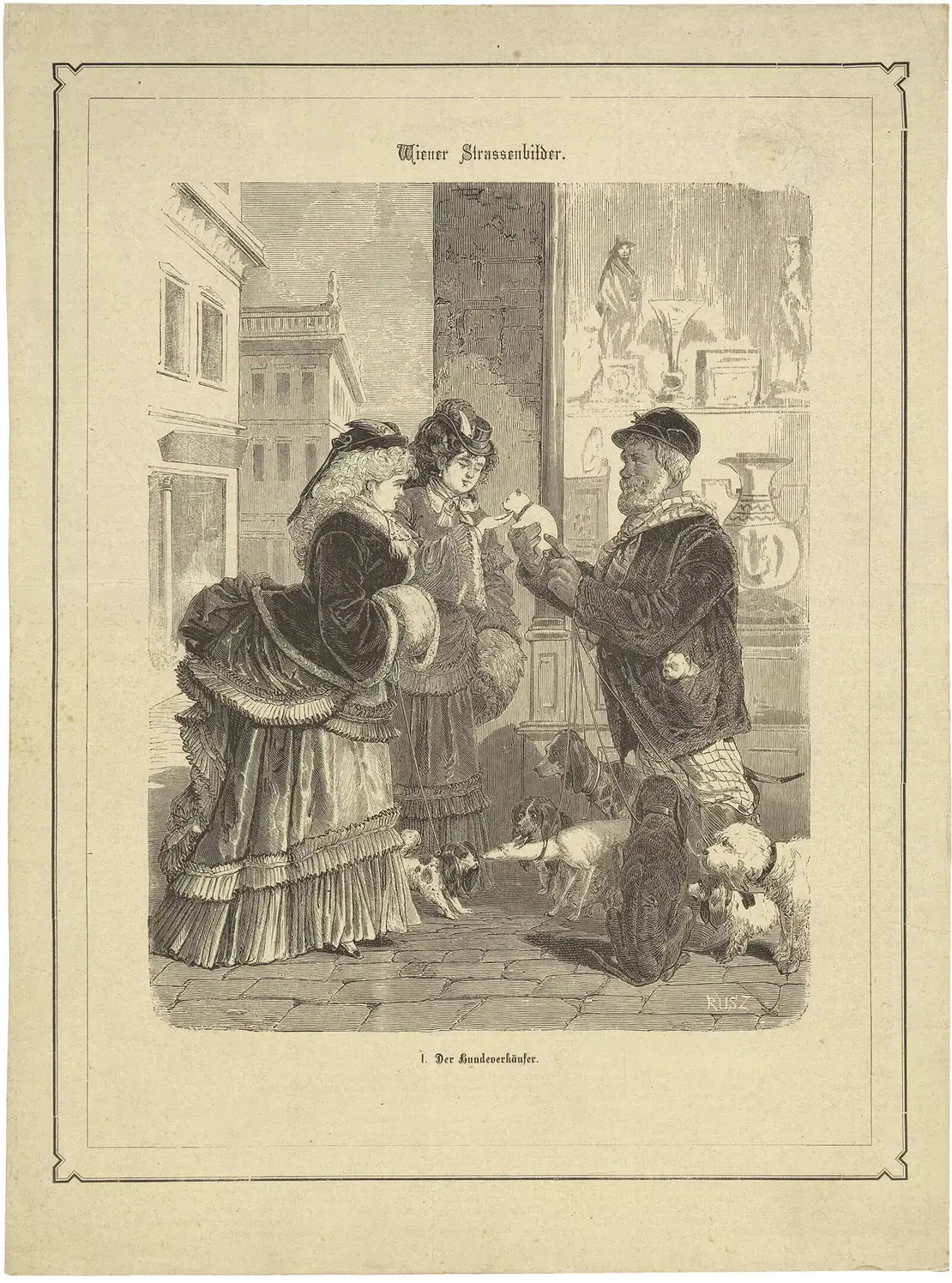 Leander Ruß: Zeitungsillustration „Wiener Strassenbilder. Der Hundeverkäufer.“, um 1875, Druckgrafik, Wien Museum, Inv.-Nr. 83101  