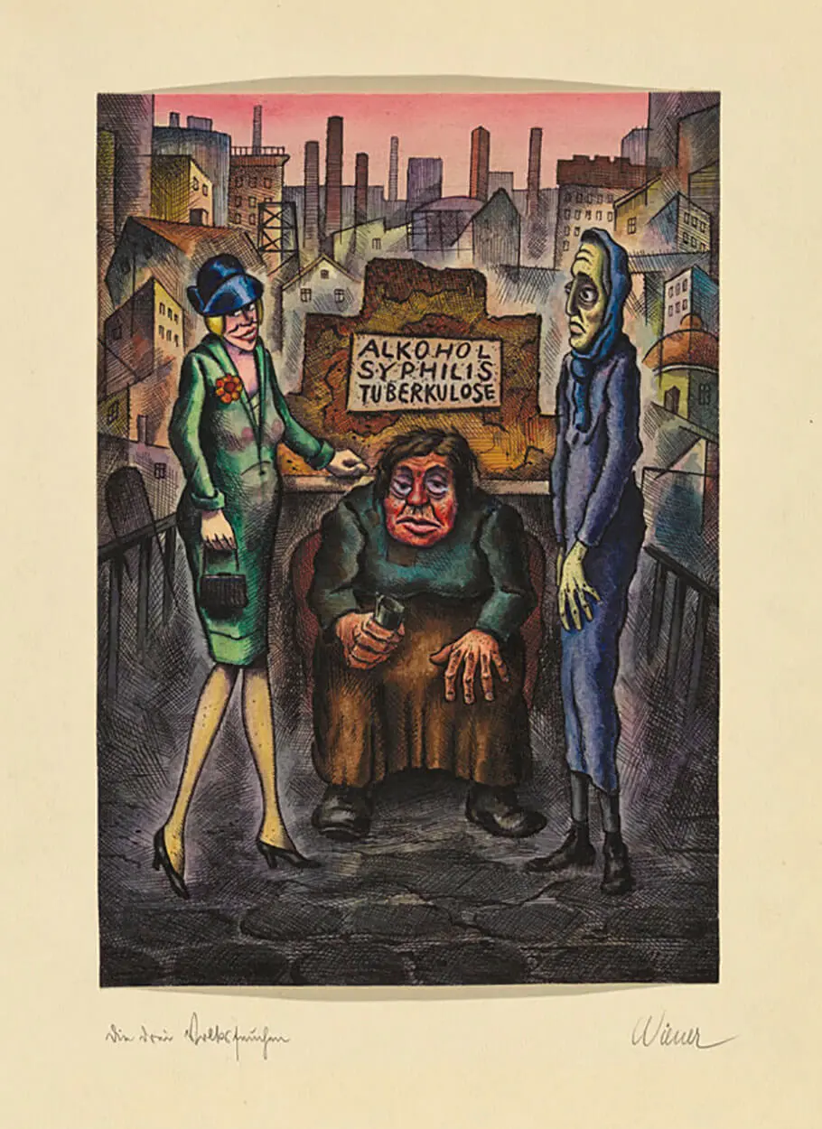 Karl Wiener: „Die drei Volksseuchen“, kolorierte Tuschfederzeichnung, 1926, Wien Museum
