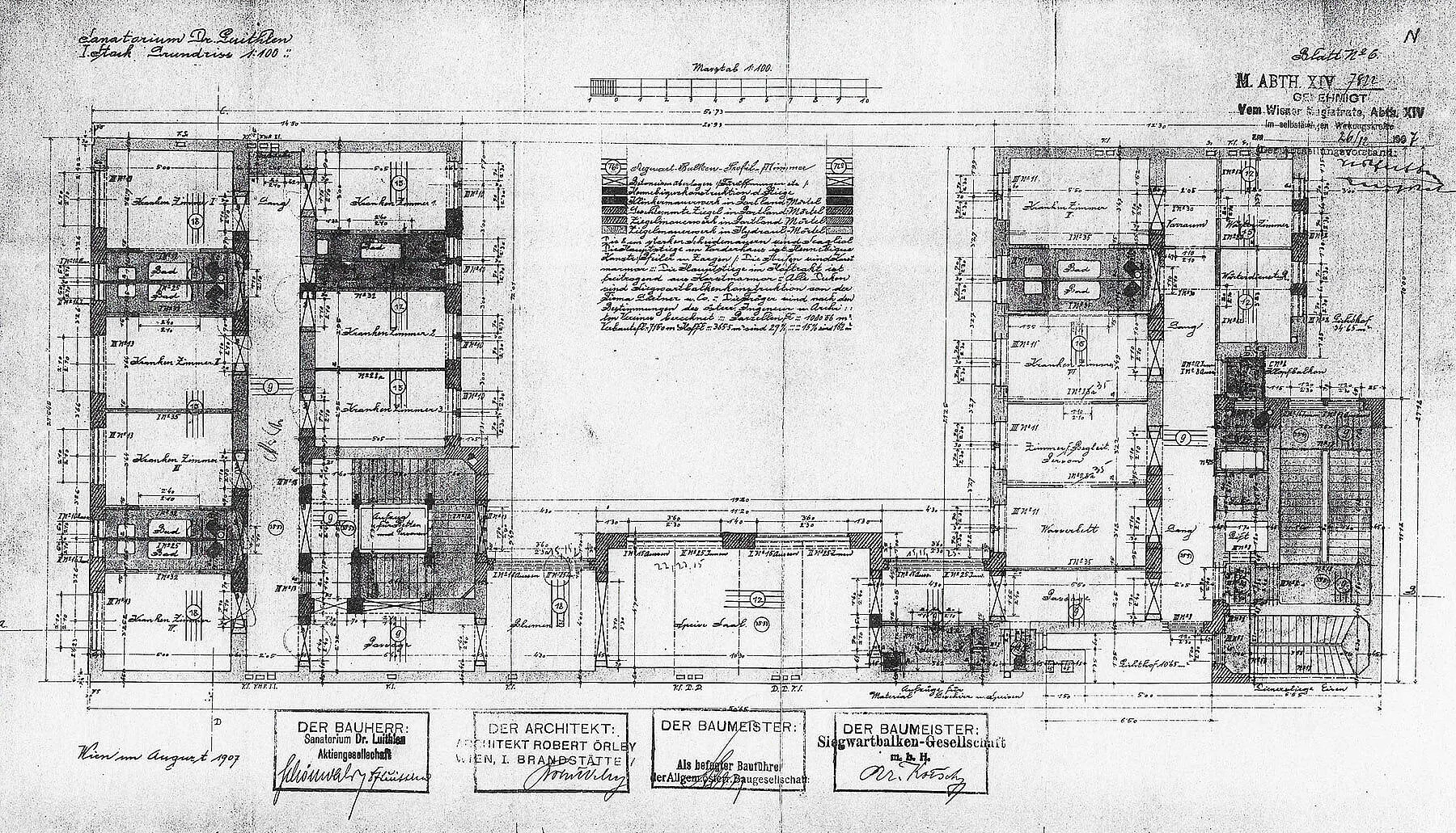 Einreichplan, 1. Stockwerk, genemigt am 14. 8. 1907, Archiv der Baubehörde  