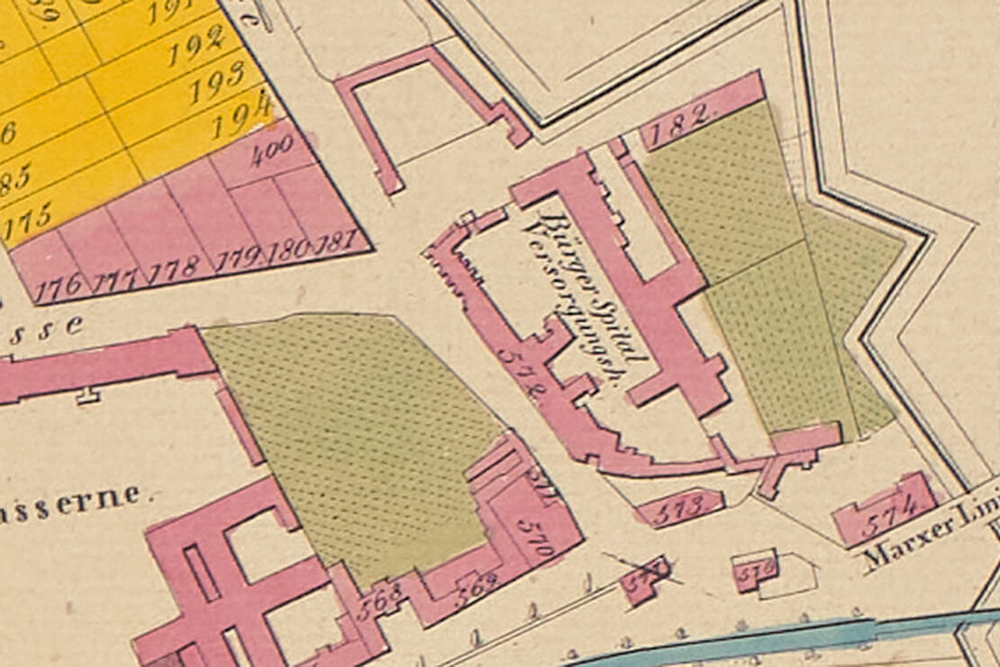 Bürgerspital und Versorgungshaus am St. Marxer Tor, 1835. Quelle: Carl Graf Vasquez (Herausgeber): „Kais. Königl. Polizey Bezirk Landstrasse: bestehend aus den Vorstädten Landstrasse, Erdberg und Weissgärber nebst 14 Ansichten der vorzüglichsten Gebäude von Carl Graf Vasquez“, um 1835, Wien Museum Inv.-Nr. 19436/4 