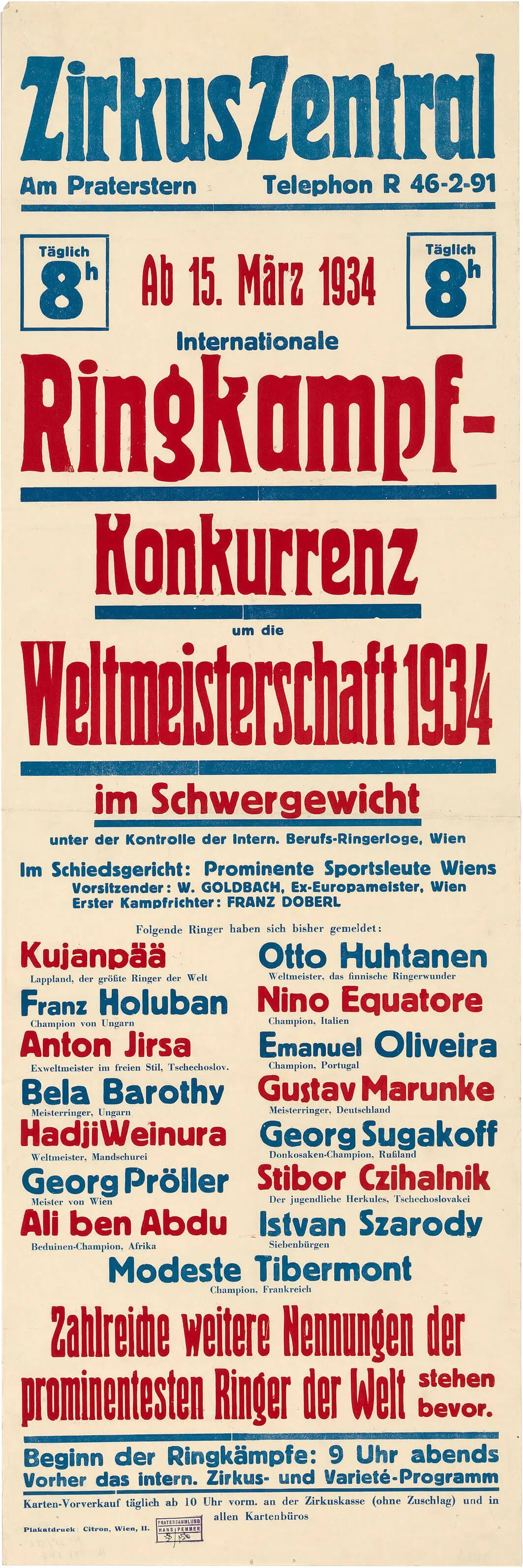 Plakat Ringkampf-Weltmeisterschaft mit dem „Beduinen-Champion“ Ali ben Abdu aus Afrika, 1934, Wien Museum