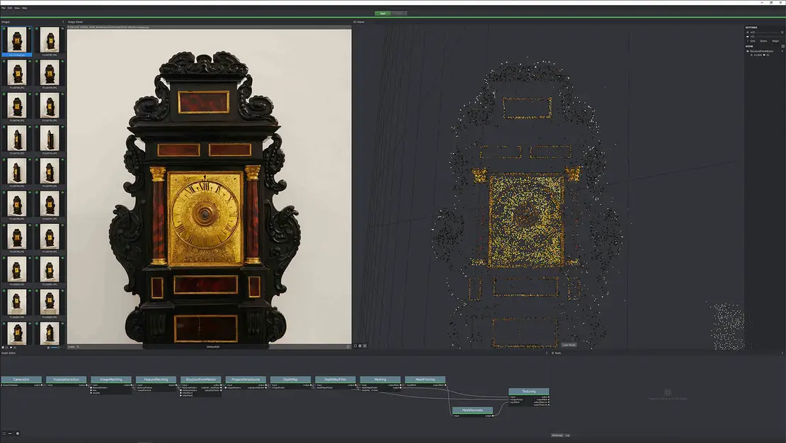 Die feature points werden in einem Bildmessungsprogramm erfasst, das auch dabei hilft die geometrischen Informationen der 3D-Objekte aus vielen einzelnen Fotos zu sammeln  