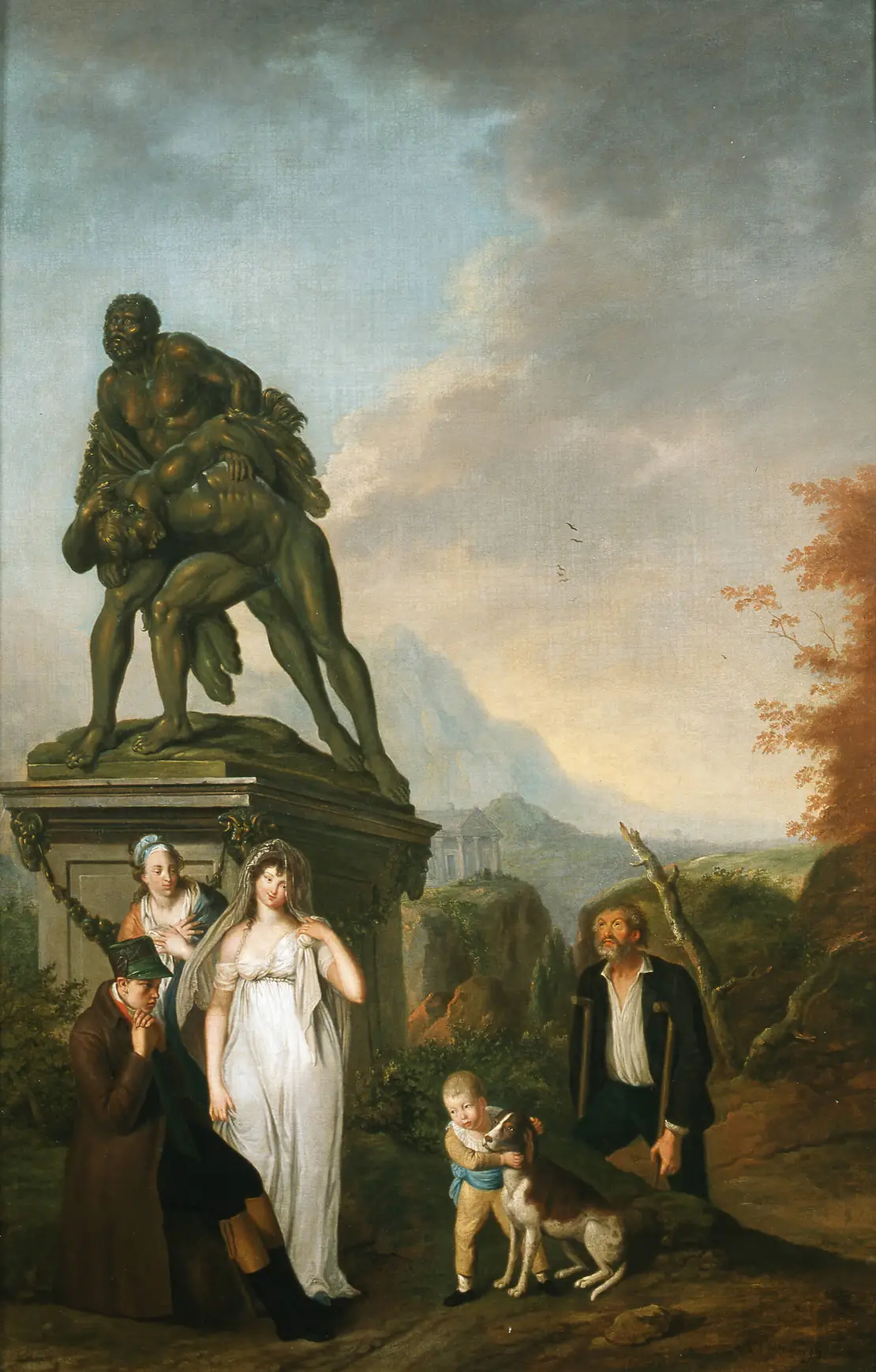 Antoon Clevenbergh: Der blinde Louis Engelbert Herzog von Arenberg (sitzend) mit Frau Louise (stehend neben ihm) und Sohn Prosper Louis (mit dem Hund spielend) in einer romantischen Landschaft unter einer Statue von Aeneas, der seinen blinden Vater Anchises aus der brennenden Stadt Troja trägt, Öl auf Leinwand, ca. 1788, Arenbergarchiv Edingen/Enghien  