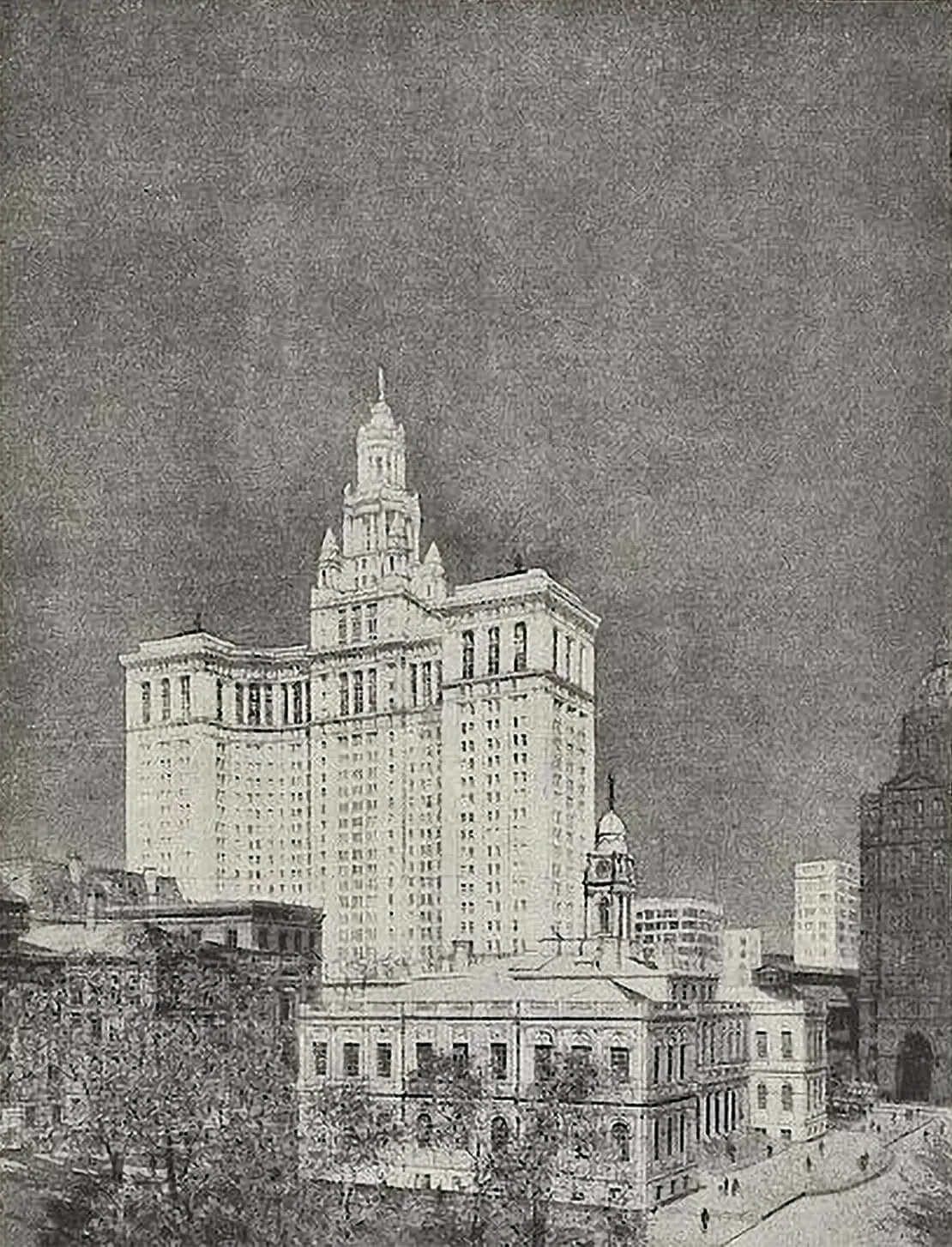 Zwar nicht aus Glas, aber ein Monument der Verwaltung in Manhattan: Das Municipial Building von New York auf einer Abbildung in Bruno Tauts Buch „Die Stadtkrone“ (1919), Quelle: Heidelberger Historische Bestände  