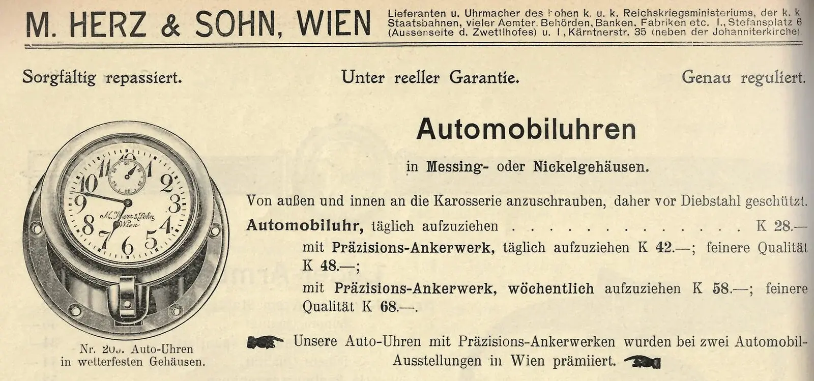Automobiluhren der Firma M. Herz & Sohn, 1910. Quelle: M. Herz & Sohn; Preisbuch Uhren, Schmuckwaren- und Juwelen-Industrie, (1910) Nr. 1